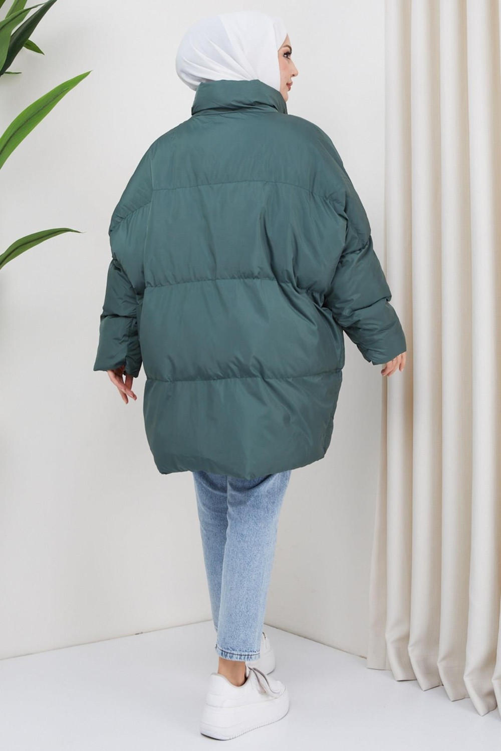 Hafsa Mina Oversize Torba Cep Şişme Mont Yeşil HM2317 görsel 5
