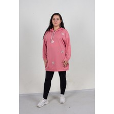 Truva Xxl Büyük Beden  Taş Detaylı Kapşonlu Tunik  Sweat Pembe