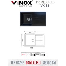 Vinox Tek Göz Damlalıklı Granit Eviye 86X50CM