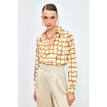 Sateen Kare Desenli Saten Gömlek - Camel