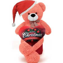 Sole  Yeni Yıla Özel : Elinde Baskılı Kalbi ve Noel Şapkalı 90 cm Papyonlu Peluş Ayıcık - Yeni Yıl Temalı