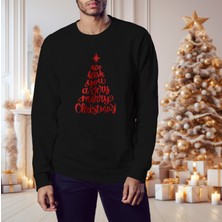 Prospettiva Erkek Siyah Oversize Kalın İçi Polarlı Kırmızı We Wısh You A Merry Chrıstmas Yazılı Sweatshirt