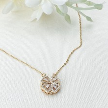Kyver Yonca Kalp Kolye Mıknatıslı Açılan Kolye Zirkon Taşlı Çelik Gold 40+5cm
