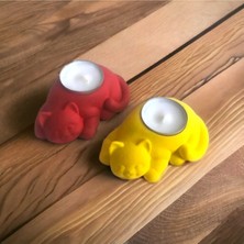 Beton - Dekoratif 2li Kedi Tealight Mumluk - Mum Hediyeli - Sarı & Kırmızı