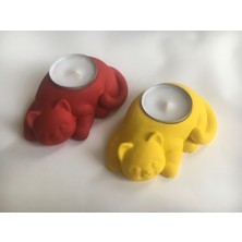 Beton - Dekoratif 2li Kedi Tealight Mumluk - Mum Hediyeli - Sarı & Kırmızı