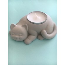 Beton - Dekoratif Kedi Tealight Mumluk - Mum Hediyeli - Naturel