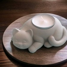 Beton - Dekoratif Kedi Tealight Mumluk - Mum Hediyeli - Naturel