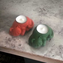 Hobimiz İşimiz  Beton - Dekoratif 2li Kedi Tealight Mumluk - Mum Hediyeli - Yeşil & Kırmızı