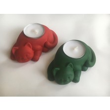 Hobimiz İşimiz  Beton - Dekoratif 2li Kedi Tealight Mumluk - Mum Hediyeli - Yeşil & Kırmızı