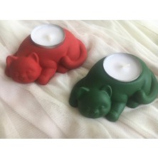 Hobimiz İşimiz  Beton - Dekoratif 2li Kedi Tealight Mumluk - Mum Hediyeli - Yeşil & Kırmızı