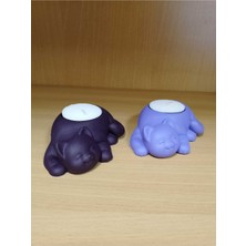 Beton - Dekoratif 2li Kedi Tealight Mumluk - Mum Hediyeli - Mor & Lila