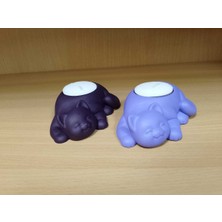 Beton - Dekoratif 2li Kedi Tealight Mumluk - Mum Hediyeli - Mor & Lila