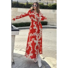 New Laviva Kadın Kırmızı & Bej Uzun Kol, Kuşaklı, Yırtmaçlı, Vucüda Oturan Kalıp, Uzun Viskon Gömlek Elbise