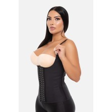 Gençplus Owli Kadın Siyah Askılı Latex Sauna Bel Korsesi Çelik Balenli 3 Kademeli Agraflı Şekillendirici Lateks