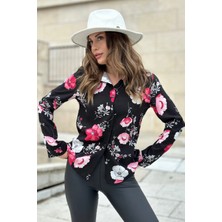 New Laviva Kadın Pembe Çiçekli & Siyah Uzun Kollu, Digital Baskı Desen, Basic Gömlek