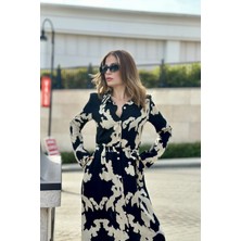 New Laviva Kadın Siyah & Bej Uzun Kol, Kuşaklı, Yırtmaçlı, Vucüda Oturan Kalıp, Uzun Viskon Gömlek Elbise