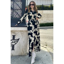 New Laviva Kadın Siyah & Bej Uzun Kol, Kuşaklı, Yırtmaçlı, Vucüda Oturan Kalıp, Uzun Viskon Gömlek Elbise