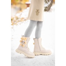 Kiko Kids 450 Fermuarlı Bej Suni Deri Kız Çocuk Bot Ayakkabı Ayıcıklı Rahat Taban