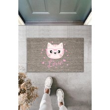 Stok Shop Dijital Baskı Gri Love Yazılı Pembe Gözlüklü Kedi Dekoratif Kapı Paspası K-2049