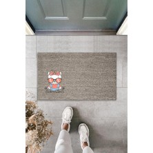 Stok Shop Dijital Baskı Gri Summertime Yazılı Fiyonklu Gözlüklü Beyaz Kedi Dekoratif Kapı Paspası K-2051