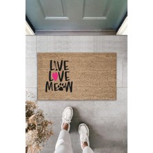 Stok Shop Dijital Baskı Kahverengi Pembe Kalpli Kılçıklı Love Meow Dekoratif Kapı Paspası K-2046