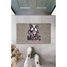 Stok Shop Dijital Baskı Gri Music Yazılı Kulaklıklı Köpek Dekoratif Kapı Paspası K-2043