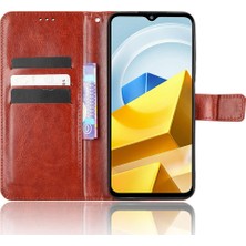 4U Sky Xiaomi Poco M5 Için 4g Çılgın At Dokusu Pu Deri Deri Anti-Fingerprint Kılıf Stand Cüzdan Telefon Kapak-Kahverengi (Yurt Dışından)