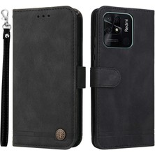 4U Sky Xiaomi Için Redmi 10C/REDMI 10 (Hindistan) Ağaç Desen Metal Düğmesi Deri Telefon Kılıfı Stand Cüzdan Kapağı Strap-Black (Yurt Dışından)