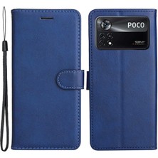 4U Sky Xiaomi Poco X4 Pro 5g Düz Renkli Pu Deri Folyo Flip Flip Cüzdan Torosu Tasarım Manyetik Kapatma Stand Savunmacı Telefon Kılıfı Strap-Mavi (Yurt Dışından)