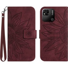 4U Sky Xiaomi Redmi 10A Için Koruyucu Cep Telefonu Kapağı, HT04 Cilt Dokunma Basılı Baskısı Ayçiçeği Flip Cüzdan Telefon Kılıfı El Strap-Wine Red ile (Yurt Dışından)