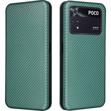 4U Sky Anti-Fall Pu Deri Deri Karbon Fiber Doku Doku Xiaomi Poco M4 Pro Magnetic Otomatik Absorbed Şok Geçirmez Kılıf Ayarlanabilir Stand Folio Flip Kapak Yeşil (Yurt Dışından)