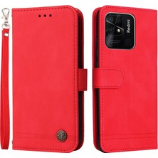 4U Sky Xiaomi Için Redmi 10C/REDMI 10 (Hindistan) Ağaç Deseni Metal Düğmesi Deri Telefon Kılıfı Stand Cüzdan Kapağı Strap-Red ile (Yurt Dışından)