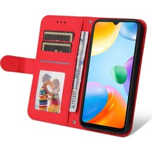 4U Sky Xiaomi Için Redmi 10C/REDMI 10 (Hindistan) Ağaç Deseni Metal Düğmesi Deri Telefon Kılıfı Stand Cüzdan Kapağı Strap-Red ile (Yurt Dışından)