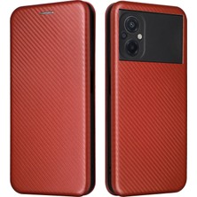 4U Sky Xiaomi Poco M5 Için 4g Anti-Solma Pu Deri Manyetik Karbon Fiber Doku Telefon Kılıfı Stand Kartı Yuvası Telefon Kapak-Kahverengi (Yurt Dışından)