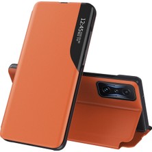 4U Sky Xiaomi Için Poco F4 Gt 5g/redmi K50 Oyun Net Görünüm Penceresi Giyim Dirençli Deri Telefon Kılıf Stand Anti-Fall Telefon Kabuk-Orange (Yurt Dışından)