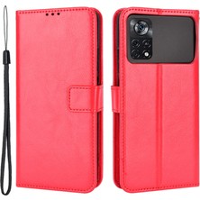 4U Sky Xiaomi Için Poco M4 Pro 4g Deri Flip Cüzdan Kabuğu Çılgın At Doku Stand Fonksiyonu Yumuşak Tpu Strap-Red ile Iç Kasa (Yurt Dışından)