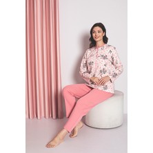 Ahengim Kadın Pijama Takımı Anne Interlok  Üç Düğmeli Üst Çiçek Desen Pamuklu Mevsimlik W30032258