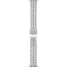 Smcase Apple Watch 9 45MM Kordon Mat Parlak Şerit Bakla Desenli KRD54 Gümüş