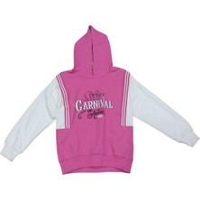 İrem Çocuk Giyim Kız Çocuk Carnival Yazı Desenli Renk Bloklu Kapüşonlu Pembe Renk Sweatshirt