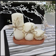 3'lü Kokulu Büyük Silindir Mum ve Mumluk Organizer Seti (14 x 9 x 4 Cm. ) - Krem-Kahve