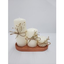 3'lü Kokulu Büyük Silindir Mum ve Mumluk Organizer Seti (14 x 9 x 4 Cm. ) - Krem-Kahve