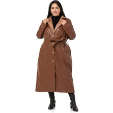 Disentis Modest Büyük Beden Yakası Garnili Yandan Cepli Astarlı Deri Kahverengi Uzun Kaban