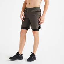 Decathlon Domyos Erkek Haki Taytlı Spor Şortu 500 - Siyah Renkli Hızlı Kuruyan Özellikli Fitness Ürünü