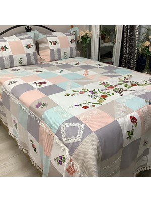 Oya Home Patchwork El Işlemeli Kaneviçe ve Dantel Aplikeli Yatak Örtüsü - 3 Parça