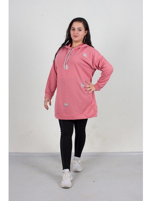 Truva Xxl Büyük Beden  Taş Detaylı Kapşonlu Tunik  Sweat Pembe