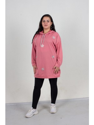 Truva Xxl Büyük Beden  Taş Detaylı Kapşonlu Tunik  Sweat Pembe