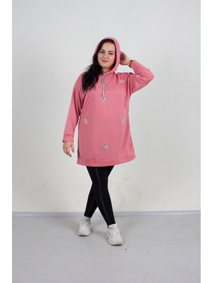 Truva Xxl Büyük Beden  Taş Detaylı Kapşonlu Tunik  Sweat Pembe