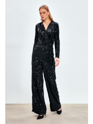 Bol Paça Payetli Pantolon - Siyah