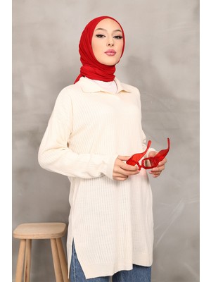 İmaj Butik Krem Polo Yaka Fitilli Triko Tunik