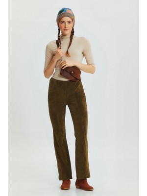 Clandestino Ispanyol Paça Yüksek Bel Fitilli Kadife Pantolon Haki